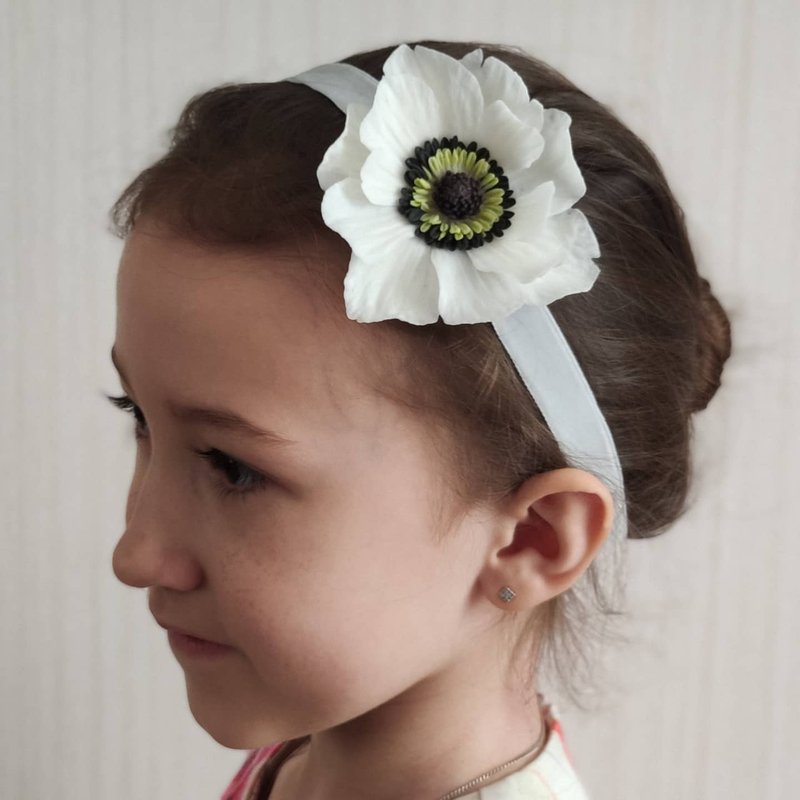 Clay Headbands White - Flower Girl Headband White Anemon, Girls Floral Crown, Flower Halo, Boho Wedding