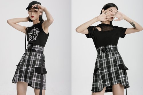 サイバーパンクエンジェル ハイウエスト ワークスカート - 黒と白