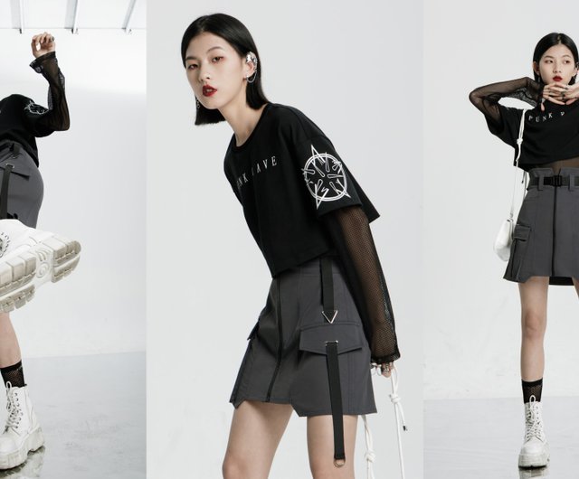 サイバーパンクエンジェル ハイウエスト ワークスカート - 黒と白