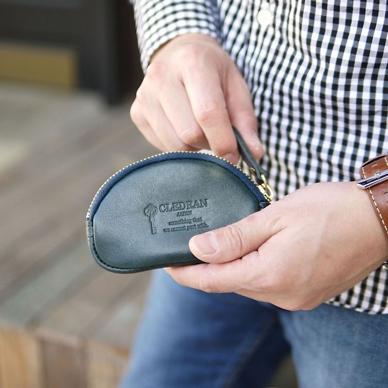 618 Japanese handmade arc curve zipper vegetable tanned cowhide coin purse/key case - กระเป๋าสตางค์ - หนังแท้ สีนำ้ตาล