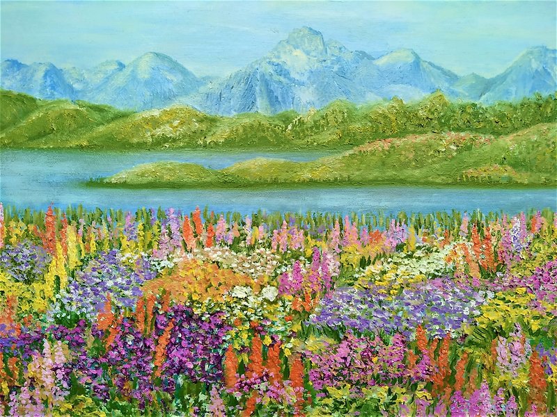 Alaska Mountain Painting Lupinus Flower Artwork on canvas 35 by 50 cm LeTi - Wall Décor - Other Metals Green