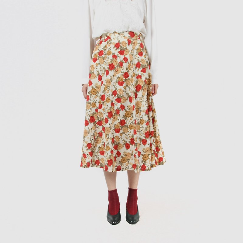 [Egg Plant Vintage] Rose Flower Tea Printed Ancient Skirt - Skirts - Polyester 