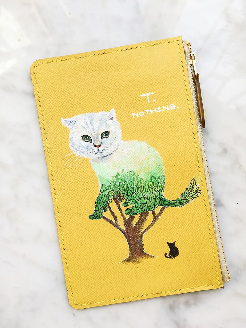 手描きの模様の木の猫革小銭入れ|携帯電話バッグ|小さな財布|クラッチバッグ - クラッチバッグ - 革 イエロー
