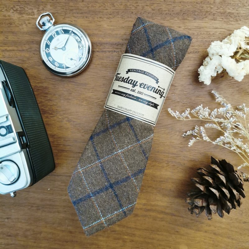 Necktie Winter Brown Windowpane - 領帶/領帶夾 - 羊毛 咖啡色