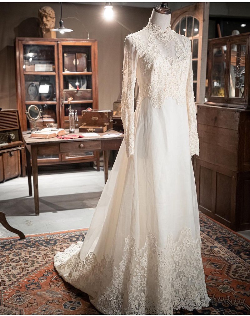 コットン・麻 ドレス イエロー - 50年代の長袖ヴィンテージウェディングドレス