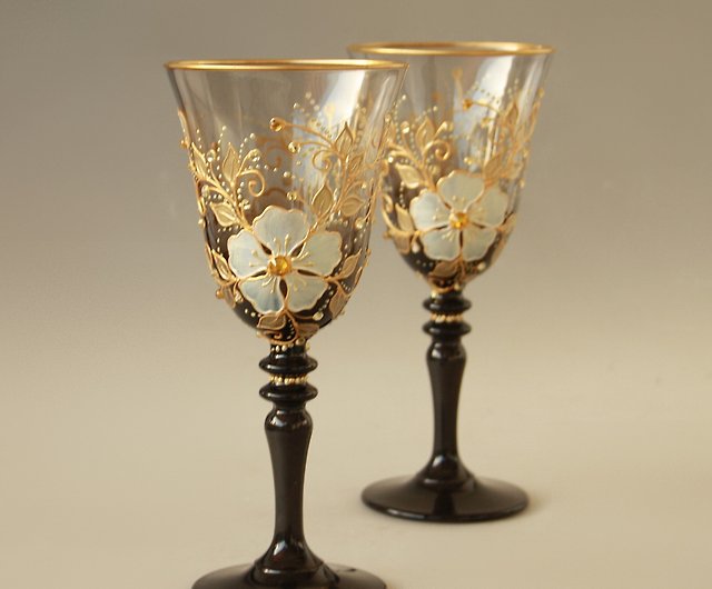 Wine Glasses Black Gold Flowers Swarovski Crystals, Hand-painted set of 2 -  Shop NeA Glass Bar Glasses & Drinkware - Pinkoi