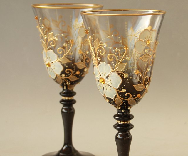 Wine Glasses Black Gold Flowers Swarovski Crystals, Hand-painted set of 2 -  Shop NeA Glass Bar Glasses & Drinkware - Pinkoi