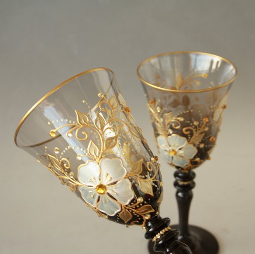 6 Swarovski Crystal Wine Glasses Gold Flower Design