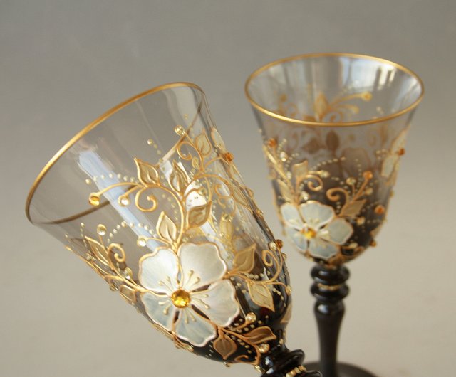 Wine Glasses Black Gold Flowers Swarovski Crystals, Hand-painted set of 2 -  Shop NeA Glass Bar Glasses & Drinkware - Pinkoi