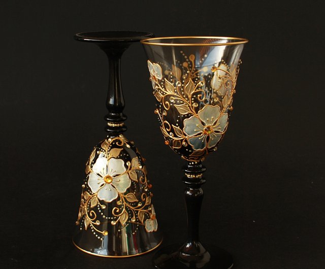 Pair of Swarovski Gold Crystal Filled Stem Wine Glassess & Gold Crystal  Filled Decanter