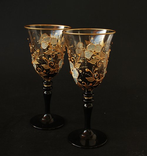 6 Swarovski Crystal Wine Glasses Gold Flower Design