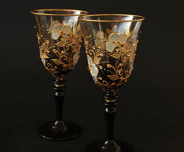 Martini Glasses Black Red Crystals Hand-painted Set of 2 