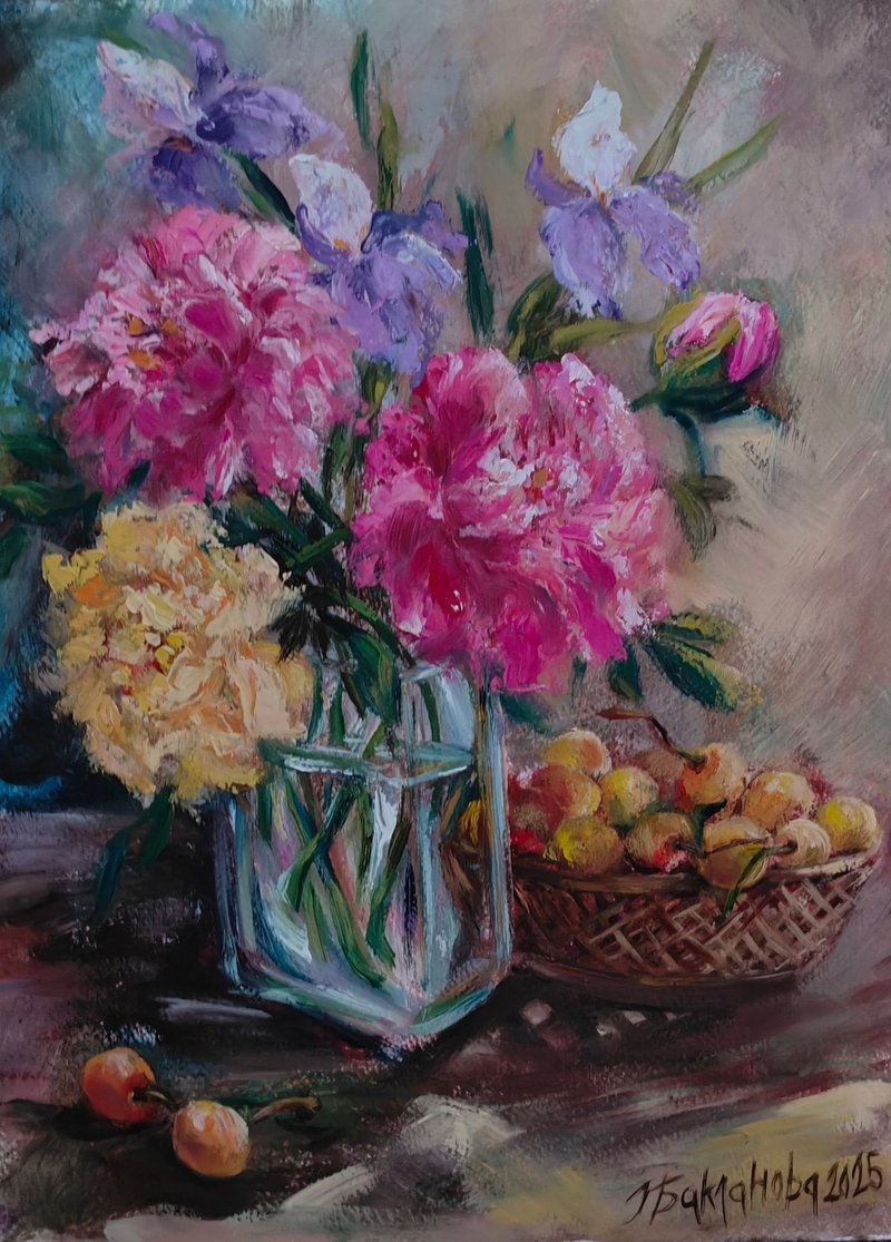 夏日花園原創油畫水果靜物畫描繪了黃櫻桃和牡丹 - 壁貼/牆壁裝飾 - 紙 粉紅色