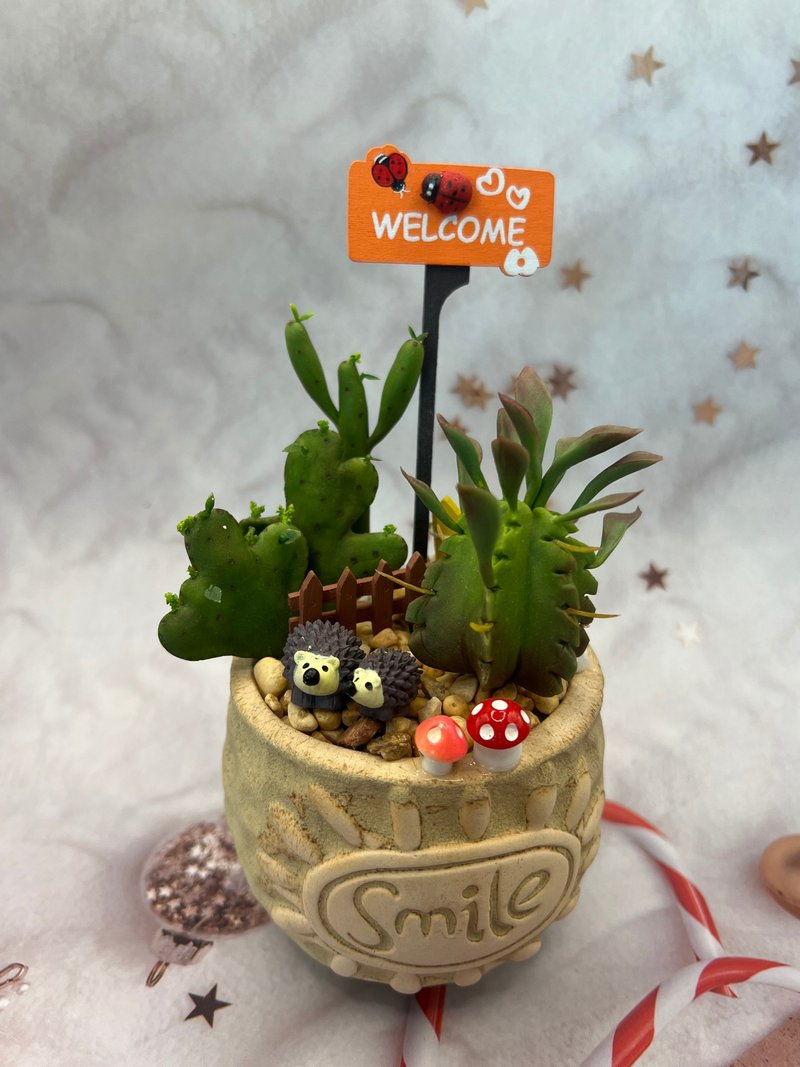 Clay handicrafts/cactus series-pot cutting-crab balls+coral spurge-embellished - Items for Display - Clay Green