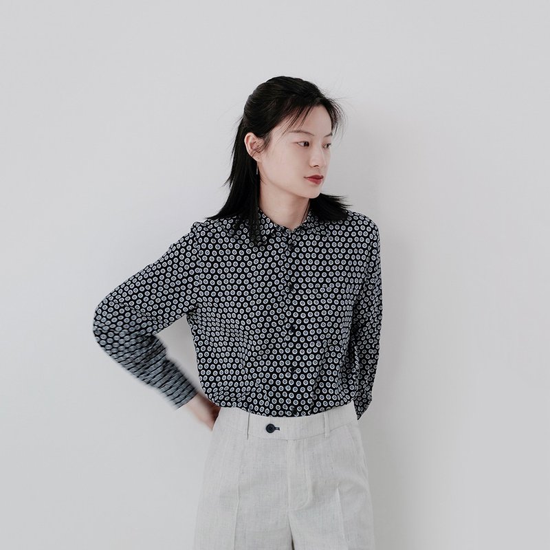 栗研究所 | 自主デザインディープマインブルーアンブレラ柄プリントコットンドロップショルダーベーシック長袖シャツ - シャツ・ブラウス - コットン・麻 