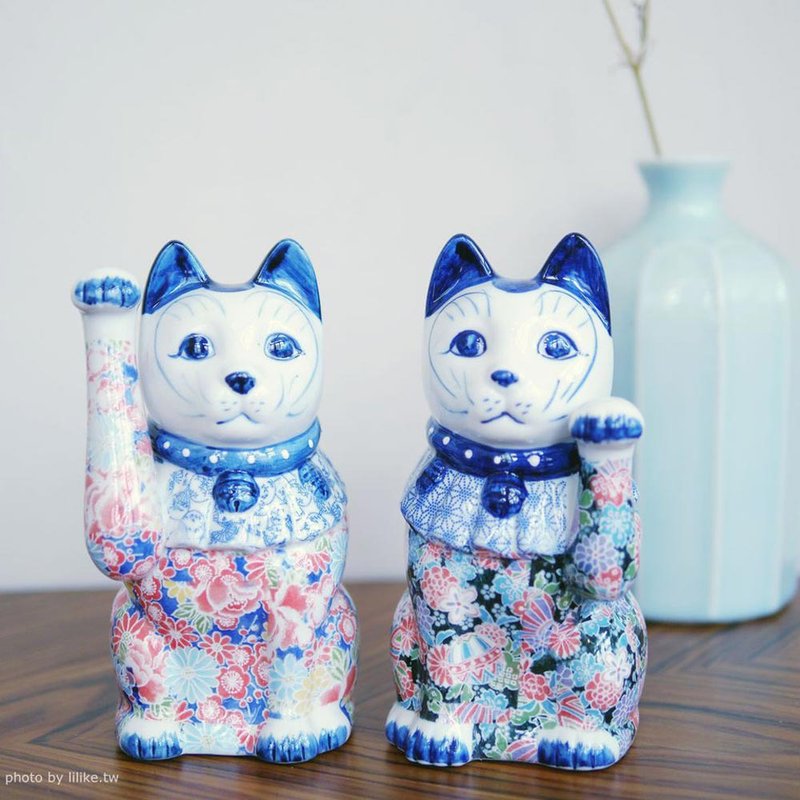 友禪招財貓一對 - 擺飾/家飾品 - 陶 白色