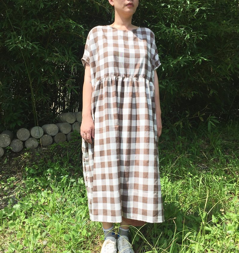 Limited! The Korean clothing high waist wide structure lattice long dress - One Piece Dresses - Cotton & Hemp Khaki