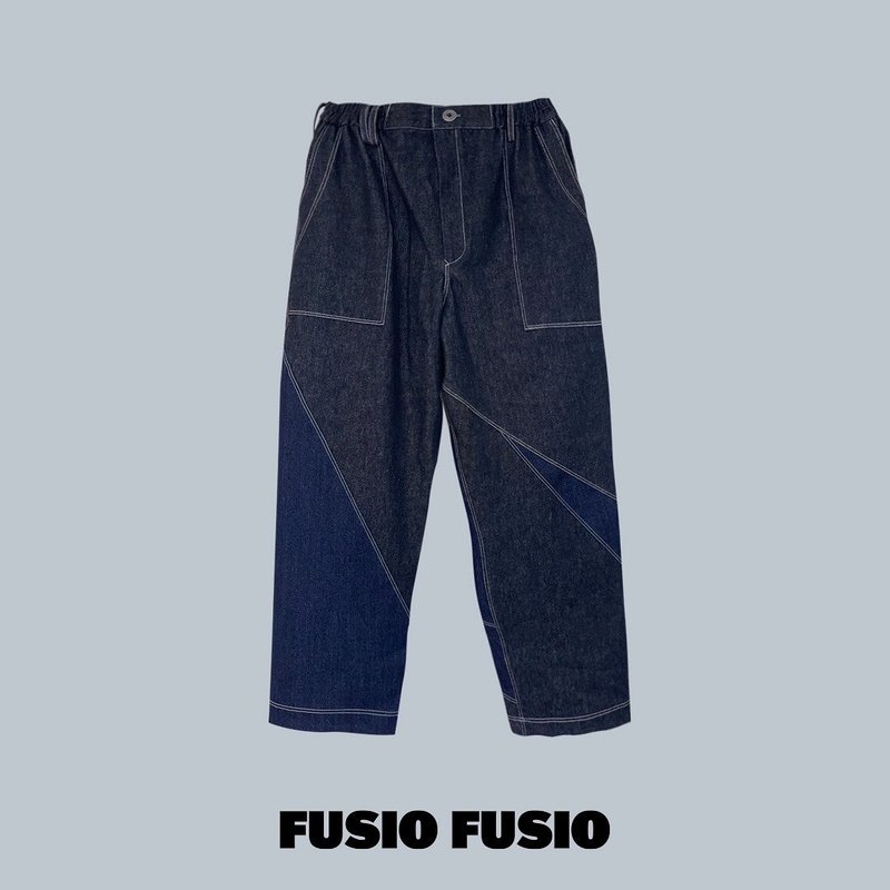 FUSIOFUSIO two-tone three-dimensional cut jeans washed dark blue - Men's Pants - Cotton & Hemp Black