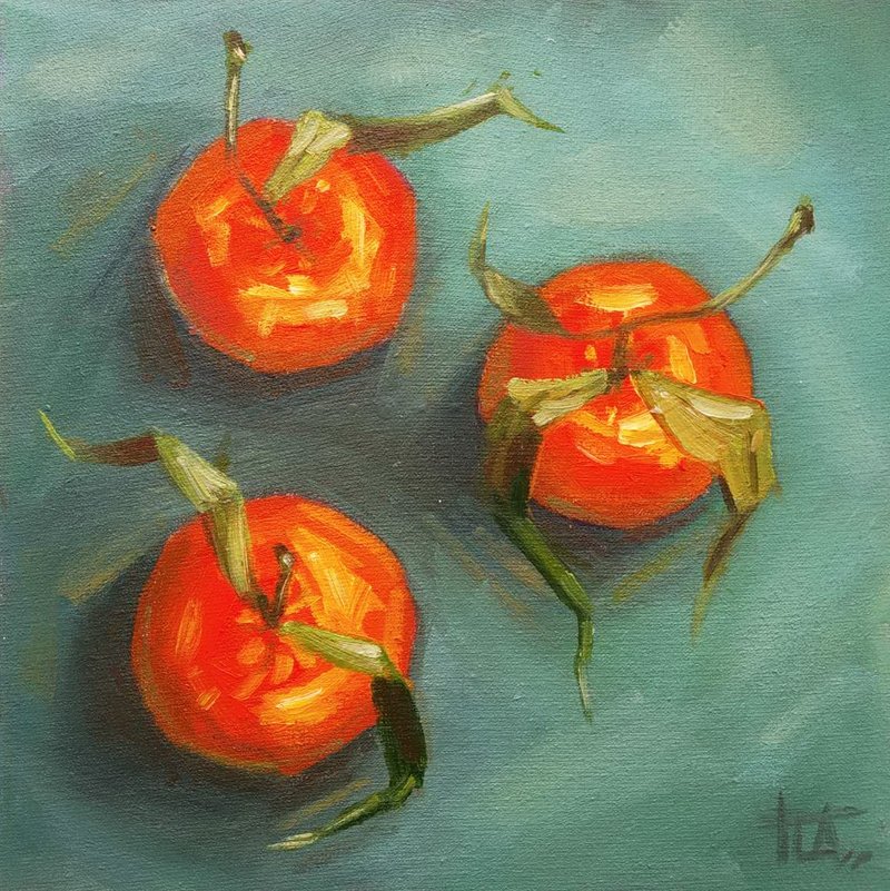 Original oil painting on canvas Still life Tangerines with leaves 20x20 cm - 壁貼/牆壁裝飾 - 其他金屬 多色