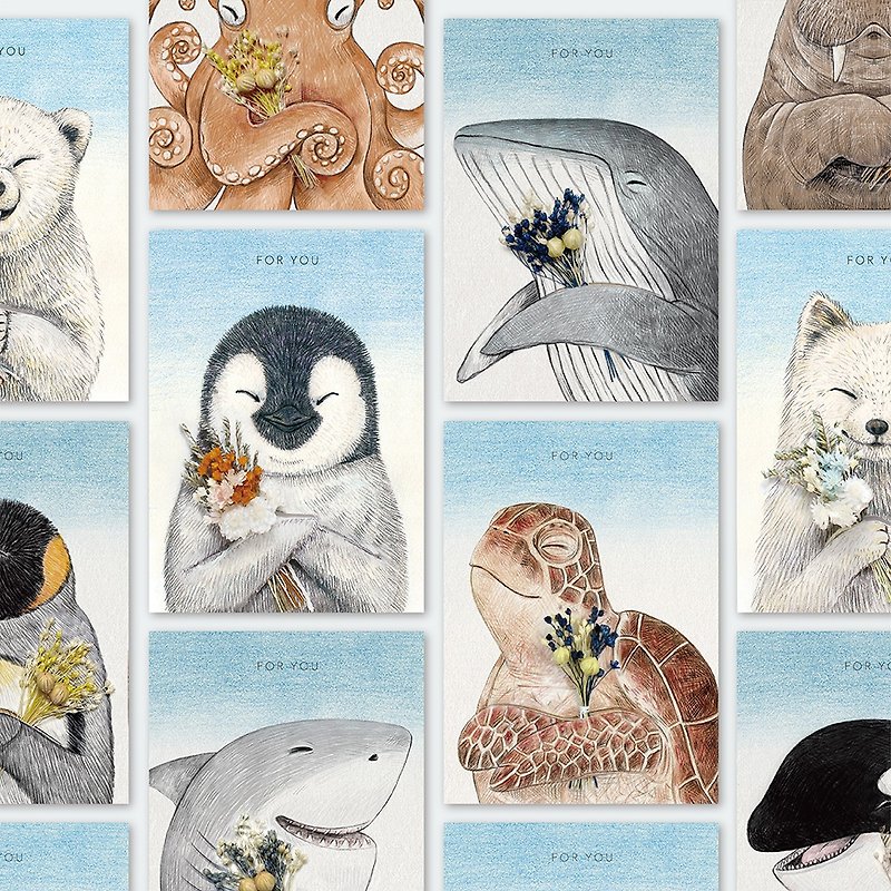 กระดาษ การ์ด/โปสการ์ด สีน้ำเงิน - [12 types of marine animal dried flower cards]_ Hand-painted/dried flowers/universal/birthday/Valentine’s Day
