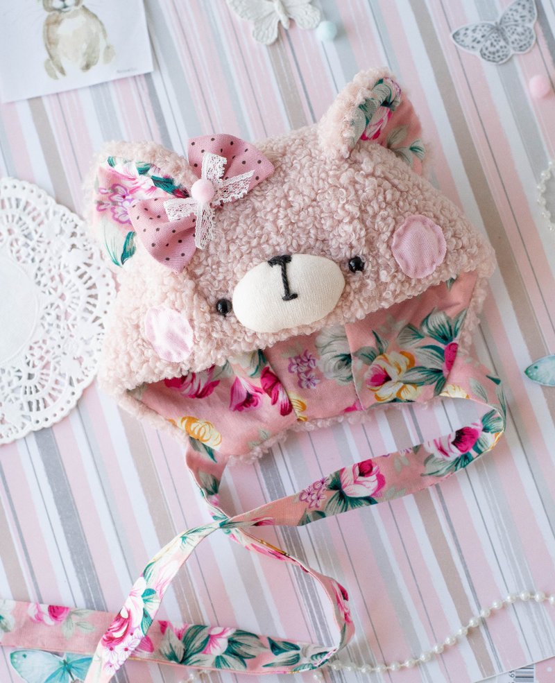 Hat for dolls Blythe with ties Faux Fur Bear Hat kawaii bear face - 公仔/玩偶 - 羊毛 粉紅色