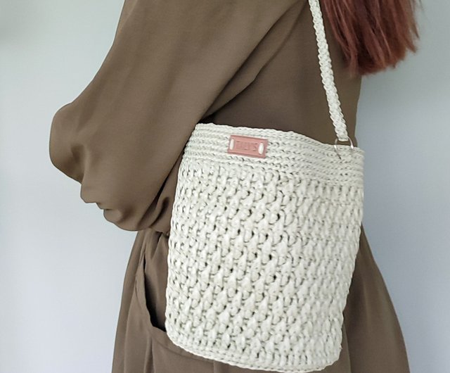 ハンドメイド ラフィアかぎ針編みバスケット バッグ