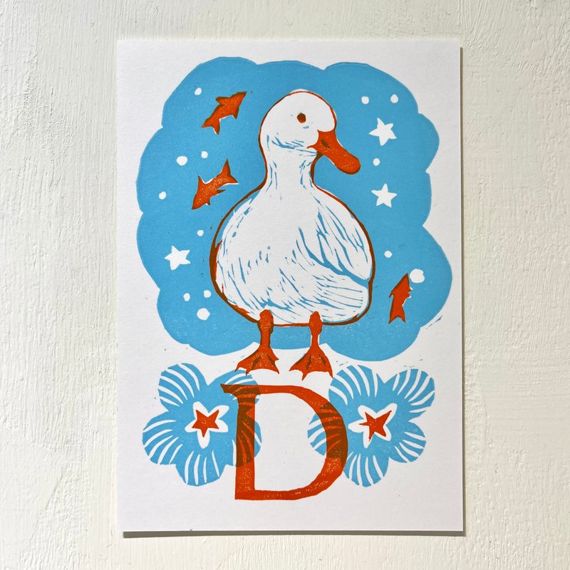 D is for Duck 手工版印明信片 鴨子  abc字母明信片 - 卡片/明信片 - 紙 藍色