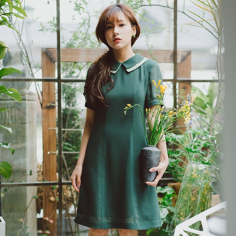 Annie Chen 2017 spring and summer new arrival women doll collar dress dress - ชุดเดรส - เส้นใยสังเคราะห์ สีเขียว