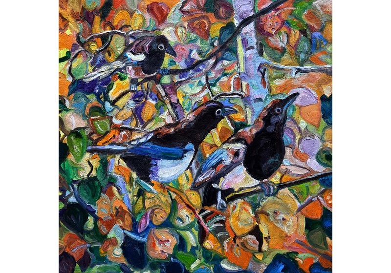 原創畫Three Magpies Art  Bird Original Painting Oil Painting  Oil On Canvas - ตกแต่งผนัง - วัสดุอื่นๆ 