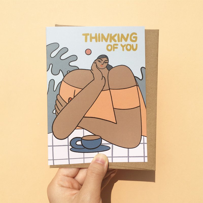 การ์ดอวยพร มินิมอล ผู้หญิง กาแฟ และดอกไม้ Thinking of You Lady and Coffee Card - การ์ด/โปสการ์ด - กระดาษ 