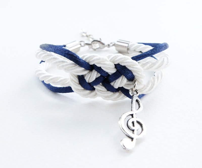 White/Navy blue nautical bracelet with silver music note charm - สร้อยข้อมือ - วัสดุอื่นๆ สีน้ำเงิน
