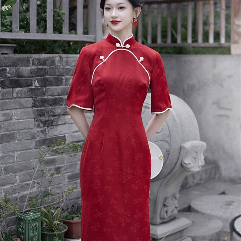 夢妝 酒紅色短袖改良旗袍敬酒服 雙襟春夏季洋裝 結婚訂婚禮服 - 旗袍/改良式旗袍 - 聚酯纖維 紅色