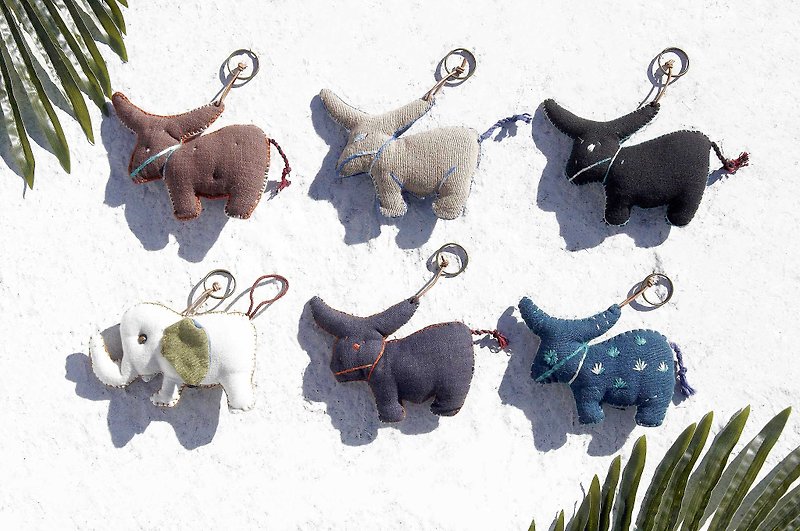 Hand embroidered cotton and Linen blue dyed key ring mansion door wind key ring - forest elephant Himalayan yak - Keychains - Cotton & Hemp Multicolor