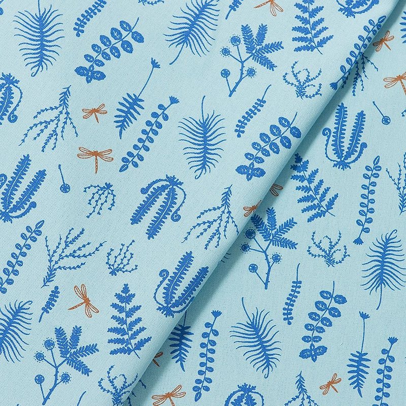 Hand-Printed Cotton Canvas(Wide) - 500g/y / Weeds and Dragonfly / Blue Wave - เย็บปัก/ถักทอ/ใยขนแกะ - ผ้าฝ้าย/ผ้าลินิน สีน้ำเงิน