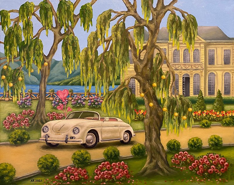 Willow Garden, original oil painting, oil on canvas, Porsche car, lake Como - ตกแต่งผนัง - วัสดุอื่นๆ หลากหลายสี