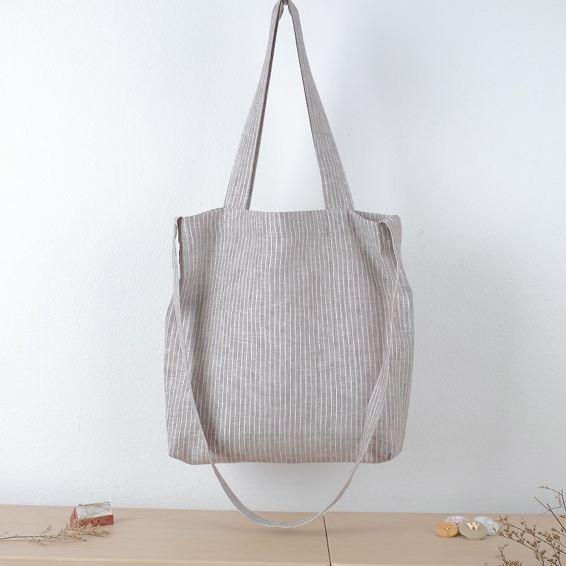 Grey and White Striped Linen Tote Bag - 側背包/斜孭袋 - 棉．麻 灰色