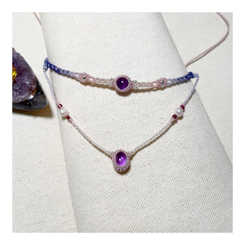 Wax thread braided gradient amethyst double layer necklace. Stone. Pearl - สร้อยคอ - คริสตัล สีม่วง