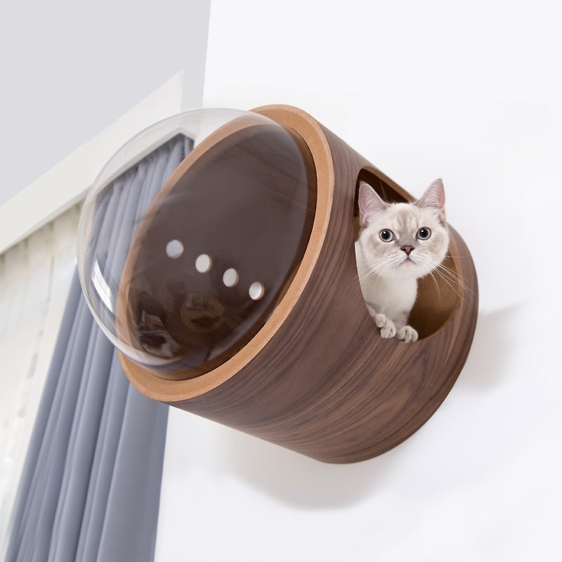 Clear Cat Bed, Standing Cat house | Spaceship Gamma-Walnut| MYZOO - Pet Toys - Wood Brown