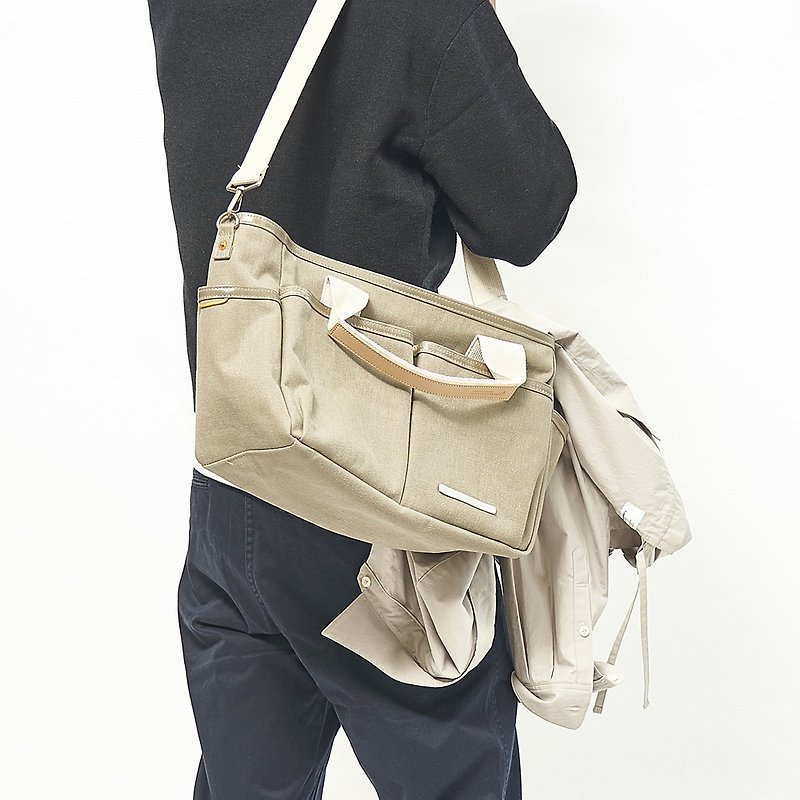 Park Series-Double-layer dual-use bag (portable/shoulder-large-38x26cm)-grass green-RCR720SG - กระเป๋าถือ - ผ้าฝ้าย/ผ้าลินิน สีกากี