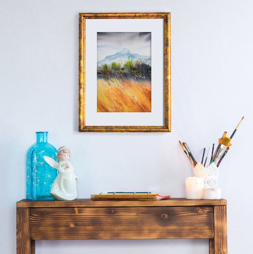 オリジナルの水彩画の山の風景画 抽象的な山の風景アート - ショップ