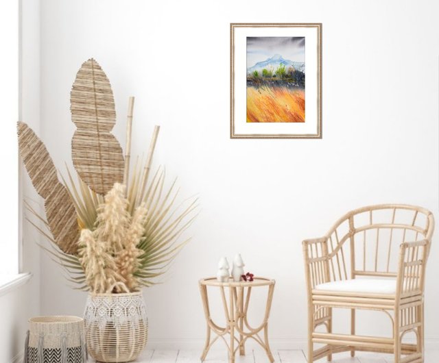 オリジナルの水彩画の山の風景画 抽象的な山の風景アート - ショップ