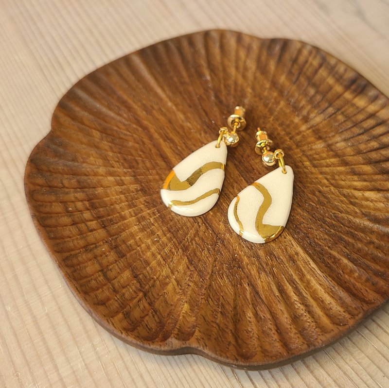 24K Solid Gilt Gold White Glaze Earrings (Teardrop Shape) - Earrings & Clip-ons - Porcelain White