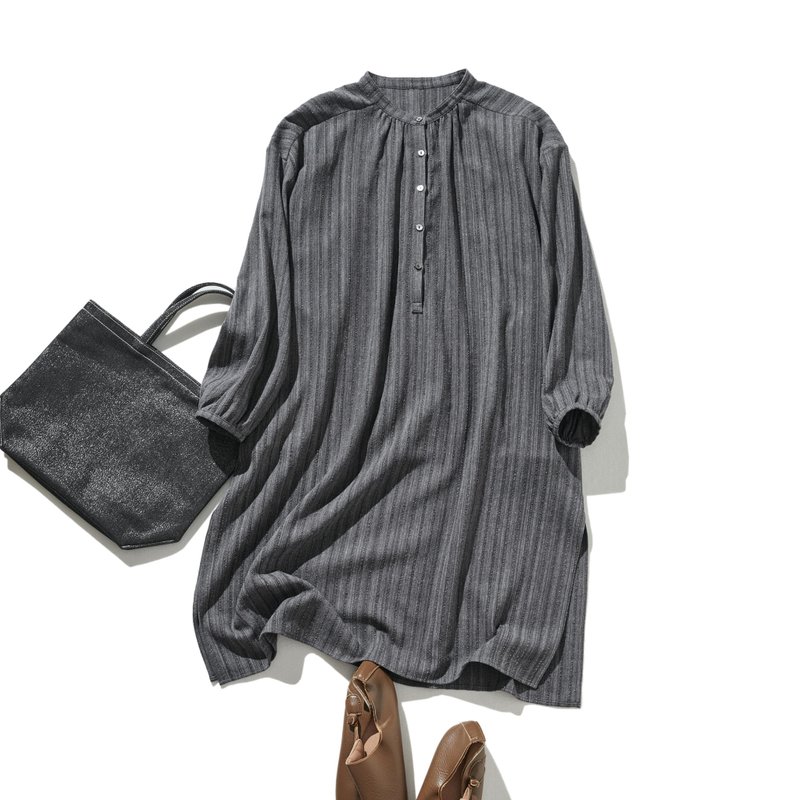 Can be worn all year round Cotton linen striped jacquard long shirt shirt dress 241027-1 - ชุดเดรส - ผ้าฝ้าย/ผ้าลินิน 