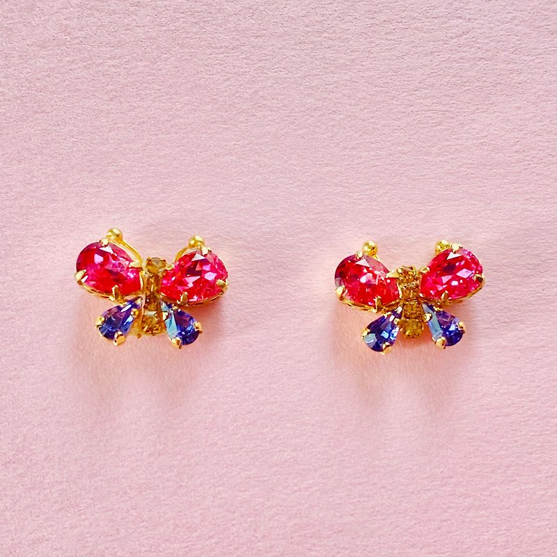 Butterfly earrings/ Clip-On Rose pink purple Bicolor butterfly pink purple - Earrings & Clip-ons - Glass Multicolor