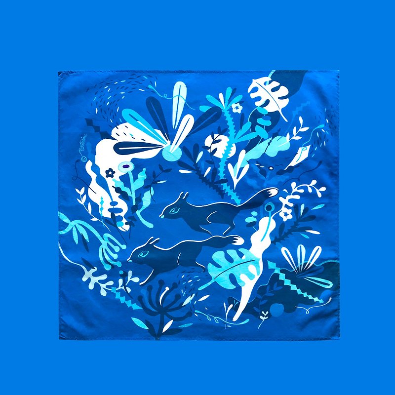 Midnight Fox Handkerchief - ผ้าพันคอ - ผ้าฝ้าย/ผ้าลินิน สีน้ำเงิน