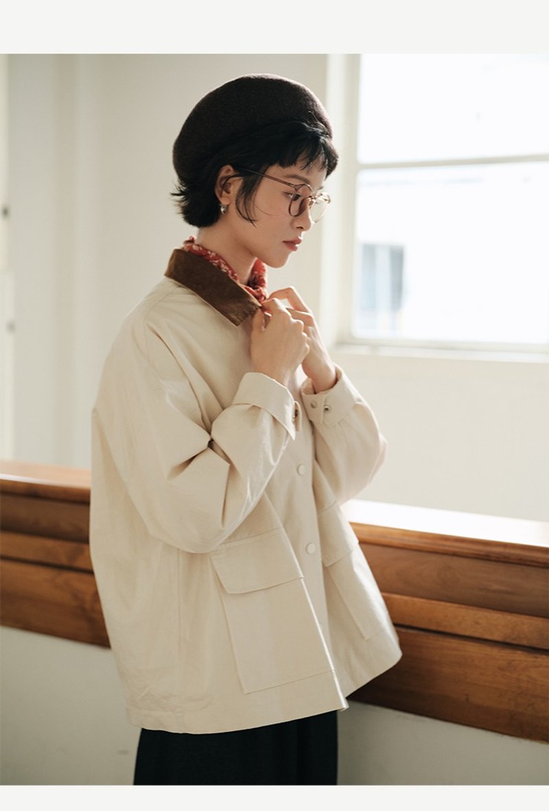 Pure cotton contrast collar cardigan jacket Japanese style - เสื้อแจ็คเก็ต - ผ้าฝ้าย/ผ้าลินิน หลากหลายสี