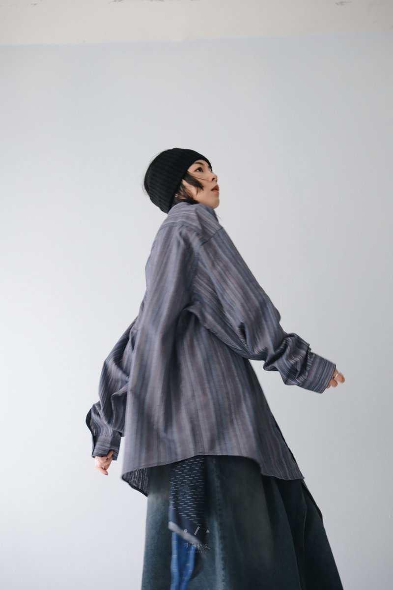 アメ横リネンリネン ゆったり薄手シャツ - 2色 -パープルパープル - シャツ メンズ - コットン・麻 多色