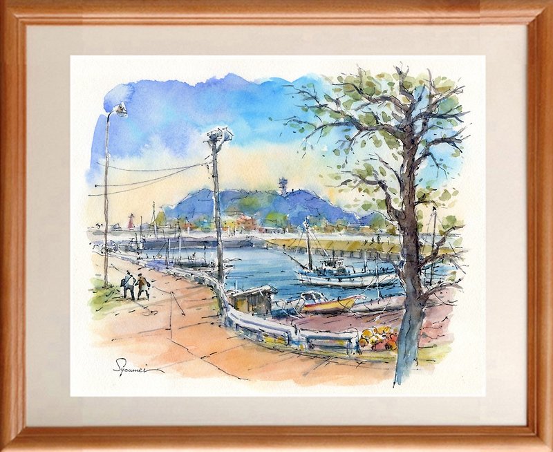 Watercolor painting Kamakura Koshigoe fishing port 15 - Posters - Paper Blue