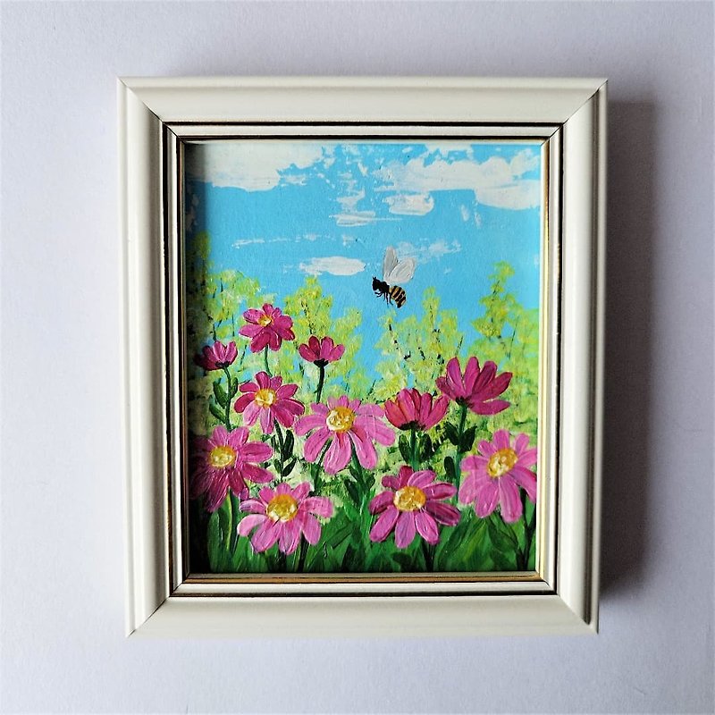 Miniature framed painting with flowers and a bee / Bee painting / Landscape art - Wall Décor - Acrylic Multicolor