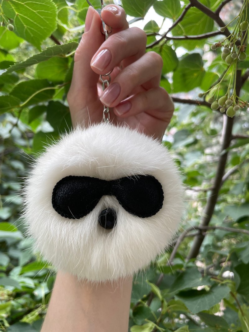 Handmade keychain / Cute pom pom keychain / Bag charm / Rabbit fur pendant - Keychains - Other Materials White